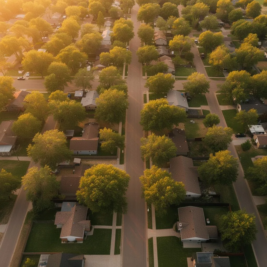 Aerial golden-hour view of a Wichita, Kansas residential neighborhood served by our Wichita & Sedgwick County rodent control team