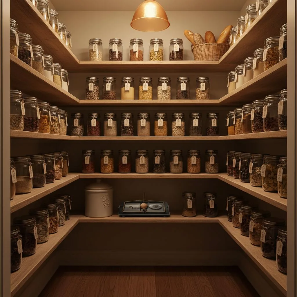 Wichita home pantry with labeled glass canisters and a discreetly placed snap trap on a wooden shelf — Wichita mice removal service