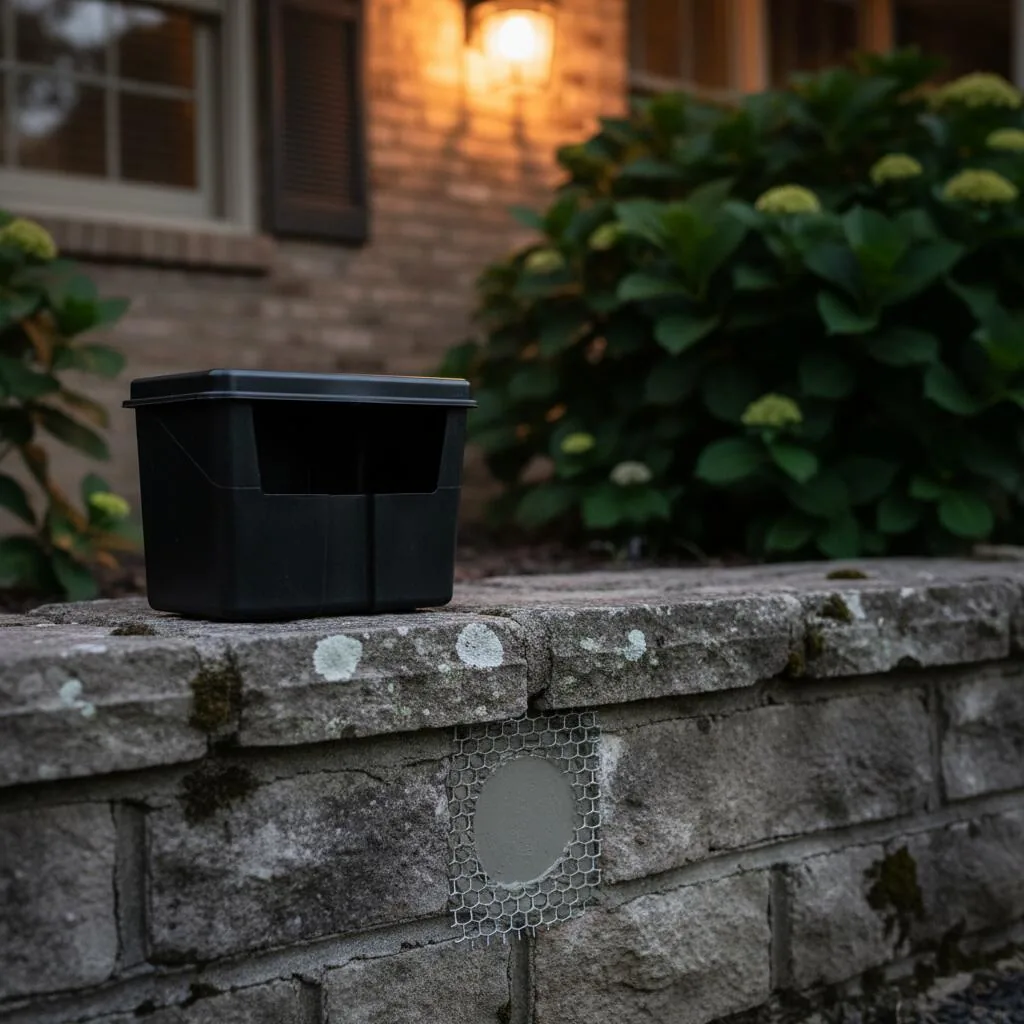 Tamper-resistant black rat-control bait station placed against a Wichita home's limestone foundation beside a freshly sealed rat burrow — Wichita rat control service