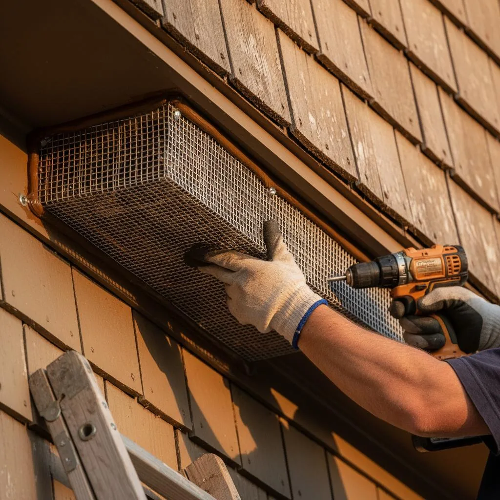 Copper-mesh and hardware-cloth rodent exclusion sealing being installed around a craftsman-home soffit vent at golden hour — Wichita rodent exclusion service