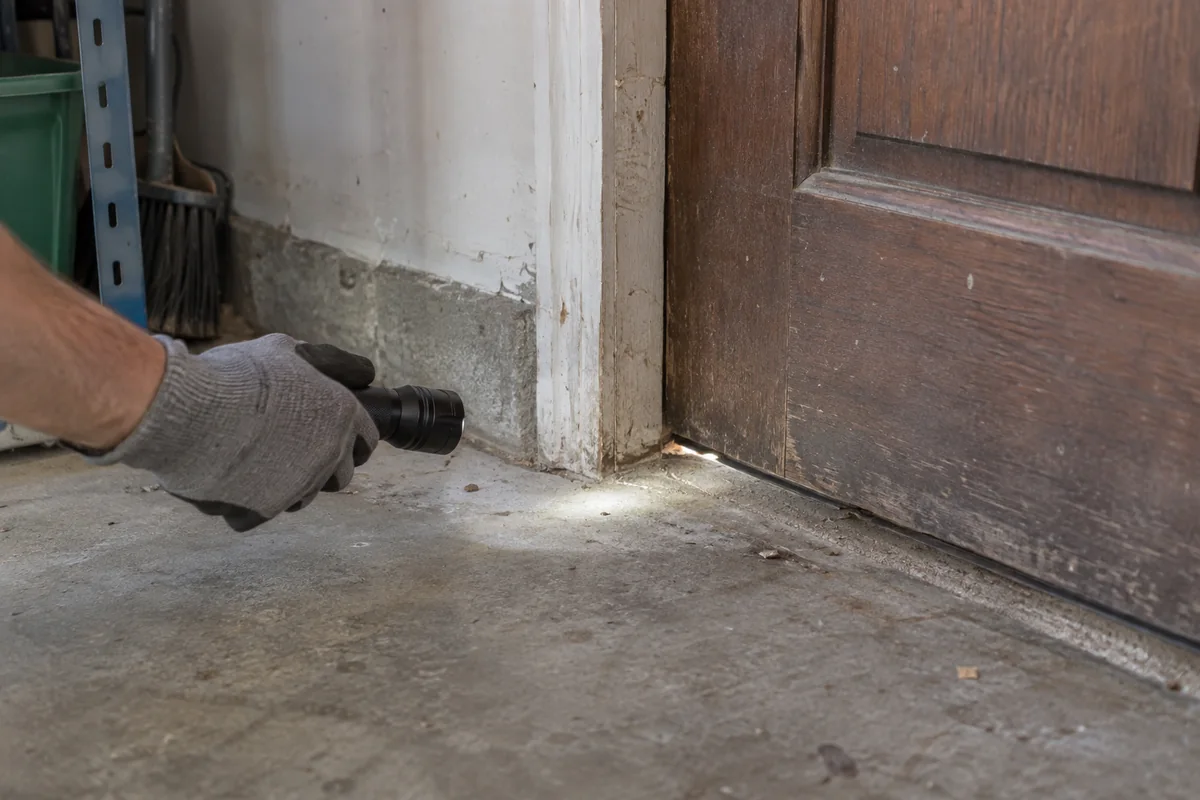 Gloved hand using a flashlight to inspect a gap beneath a door