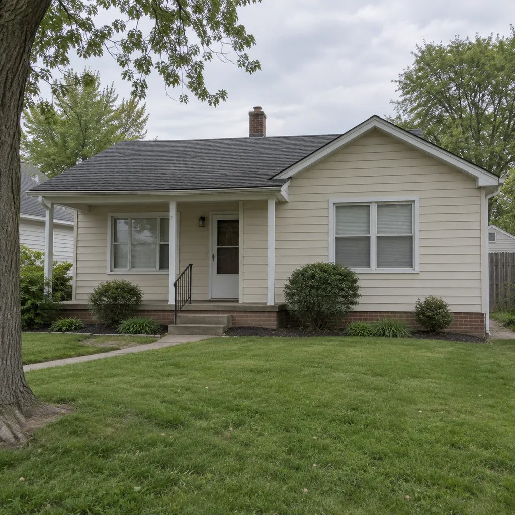 Single-story house with pale siding and a front lawn